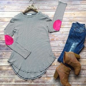 Black & White Stripe Pink Elbow Patch Tunic Top